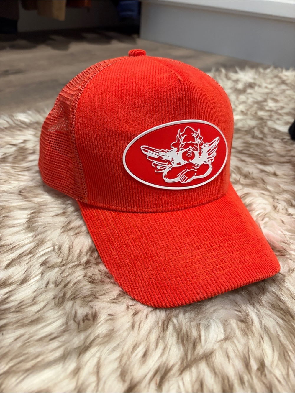 Boys Lie Bright Red Corduroy Trucker Hat with Angel Patch